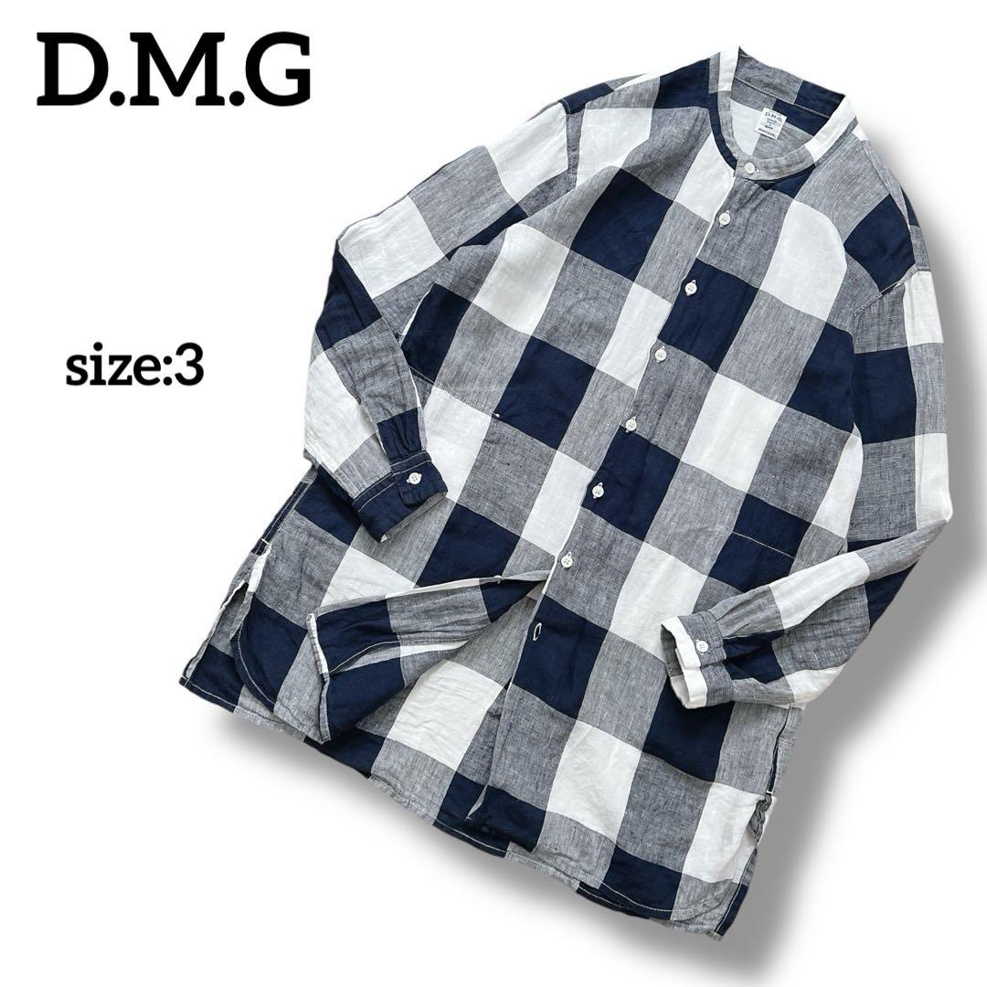 D.M.G　ドミンゴ　チュニックチェックシャツ　ノーカラーリネンロングシャツ