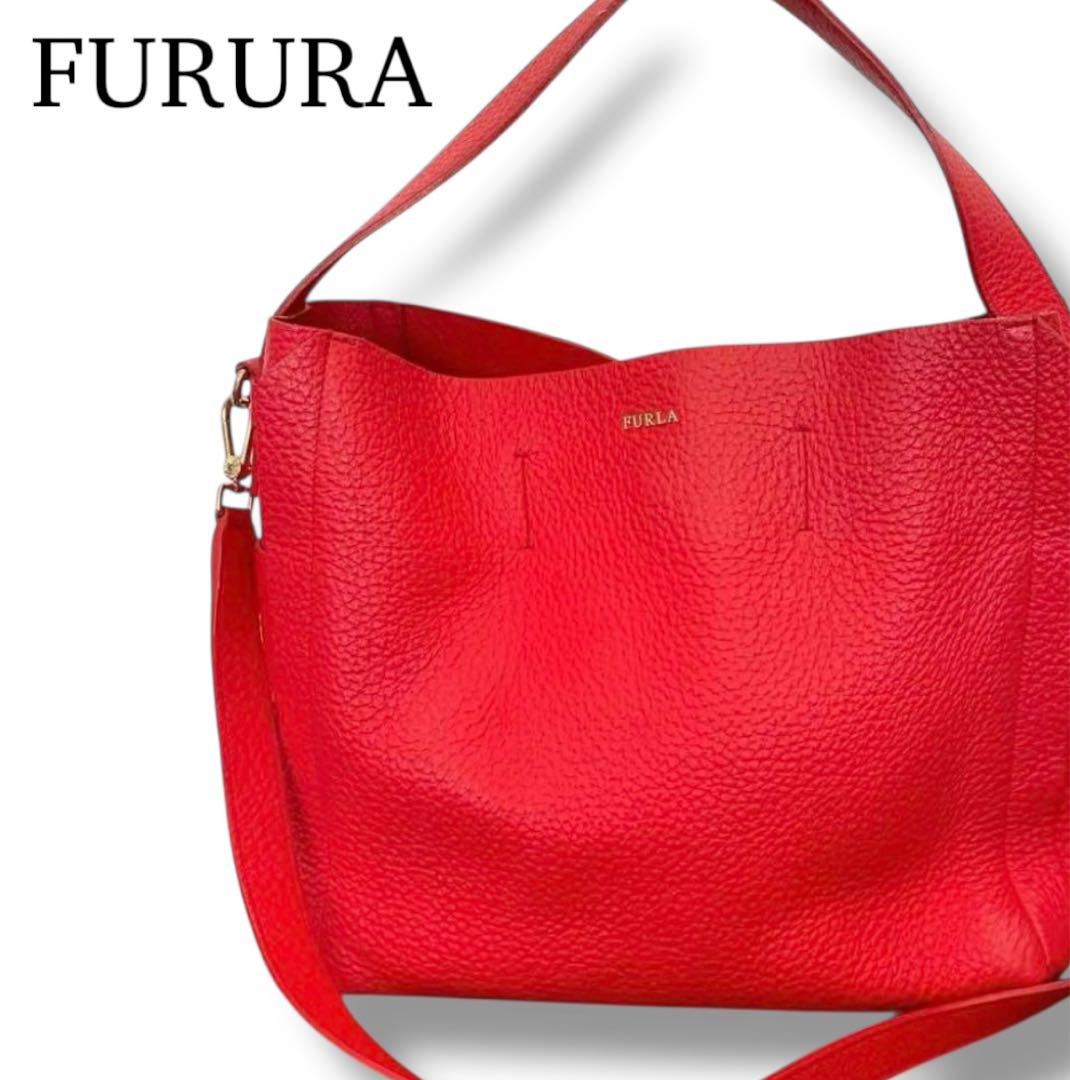 FURLA フルラ　シボ革　2way ショルダーバッグ斜め掛けハンドバッグ　赤
