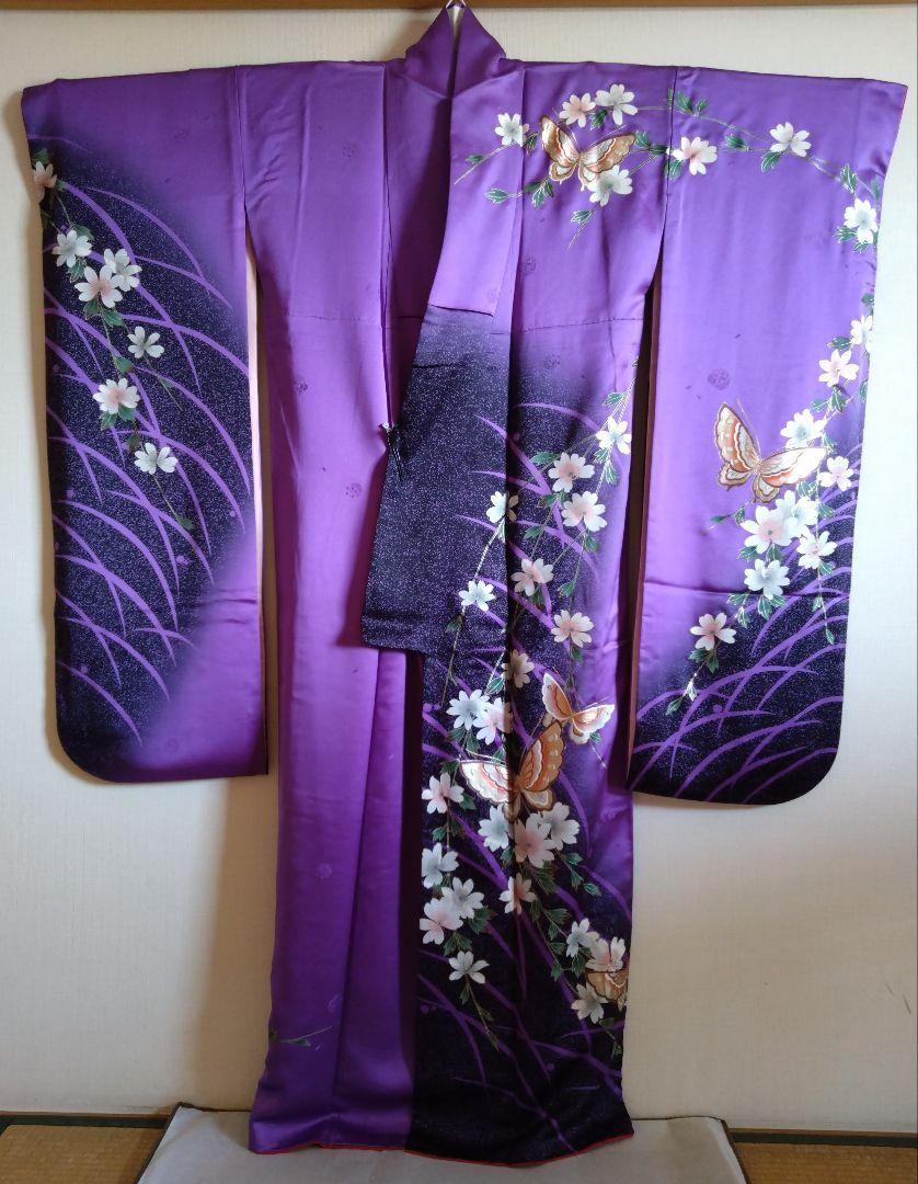 格安新品  ☆振袖セット☆ 高身長 成人式 帯締め 帯揚げ 帯 正絹 紫 花蝶々 着物・浴衣