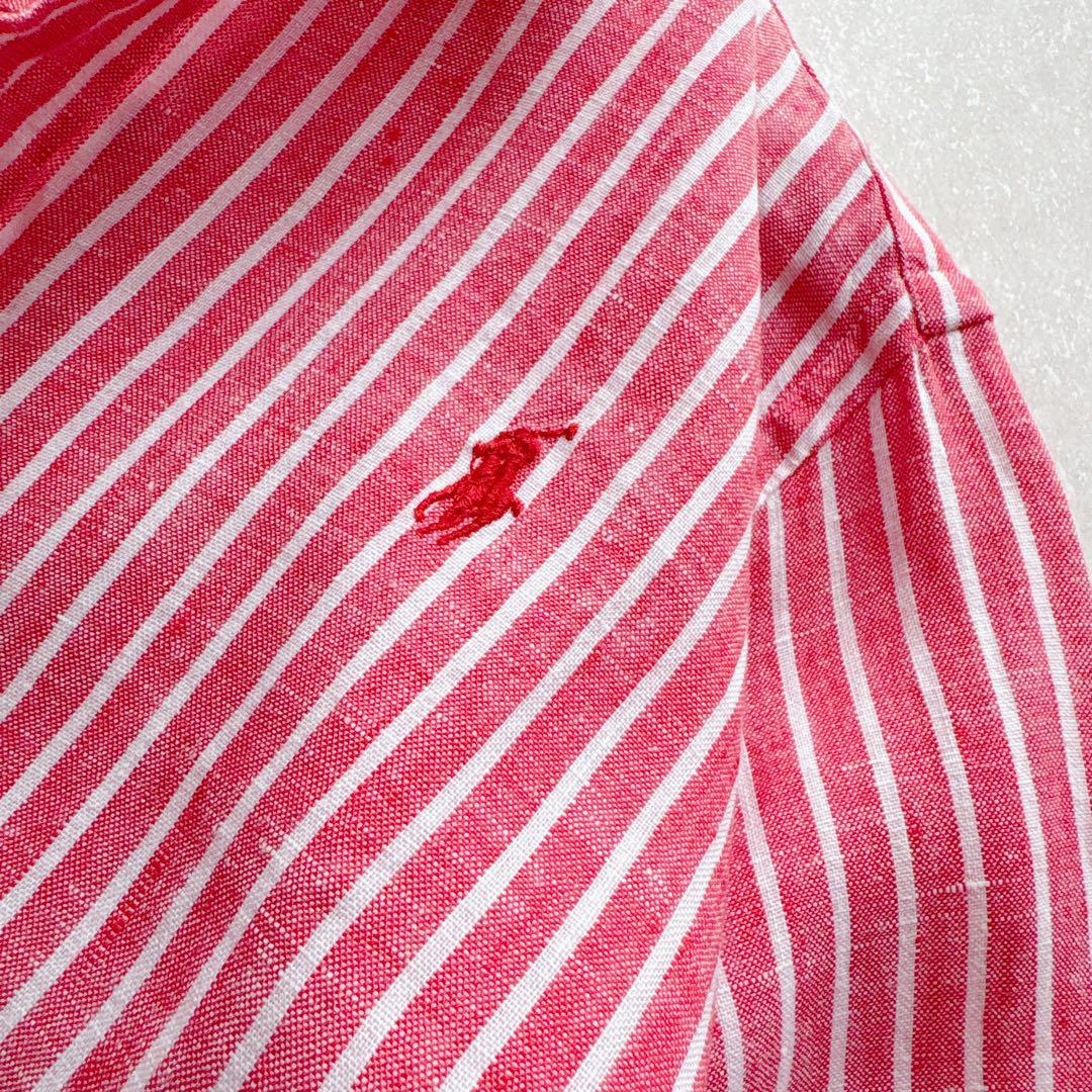 【人気✨】POLO ストロベリーレッド ストライプ　ポニー刺繍　リネンシャツ ◈ POLO｜ストロベリーレッド ストライプ ポニー刺繍 リネンシャツ L