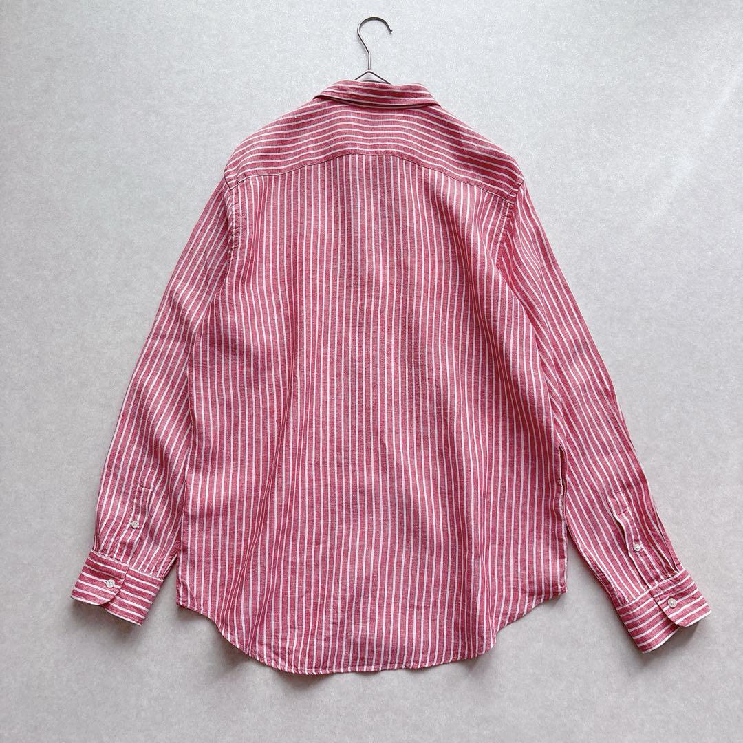 【人気✨】POLO ストロベリーレッド ストライプ　ポニー刺繍　リネンシャツ ◈ POLO｜ストロベリーレッド ストライプ ポニー刺繍 リネンシャツ L