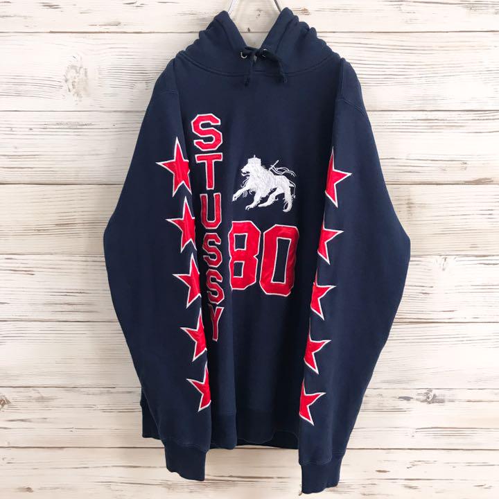 《USA製》ステューシー STUSSY☆パーカー L 刺繍ロゴ ネイビー