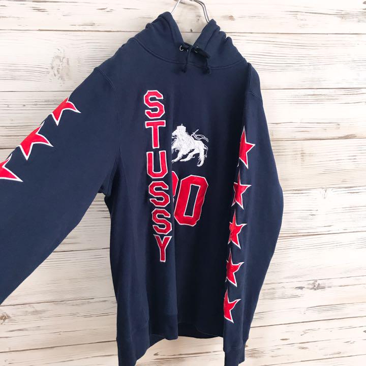 《USA製》ステューシー STUSSY☆パーカー L 刺繍ロゴ ネイビー