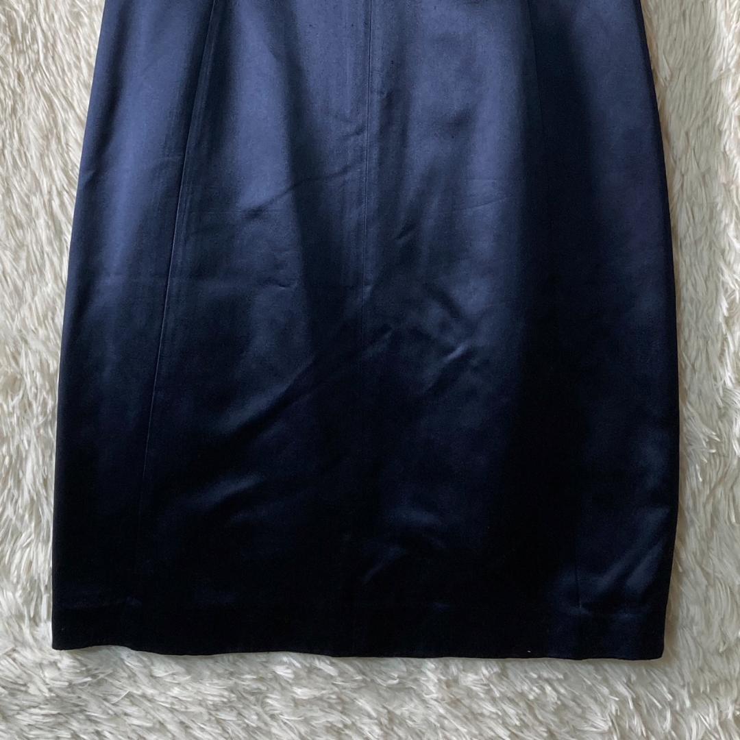 美品 アクリス シルク 絹 100% ドレスワンピース L ネイビー