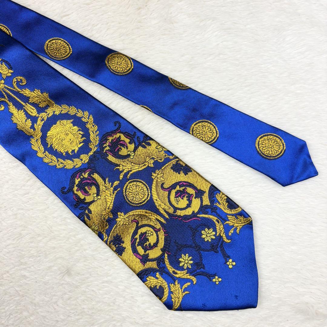 ヴェルサーチェ 総刺繍 メデューサ 神話 バロック ネクタイ シルク 青