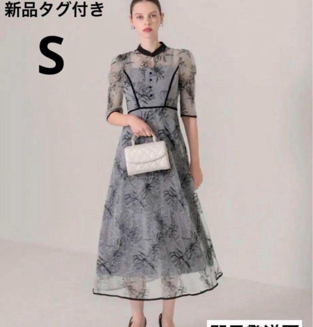Leja 配色パイピングプチハイネック花柄刺繍ラメレースロング丈　ブルー　S