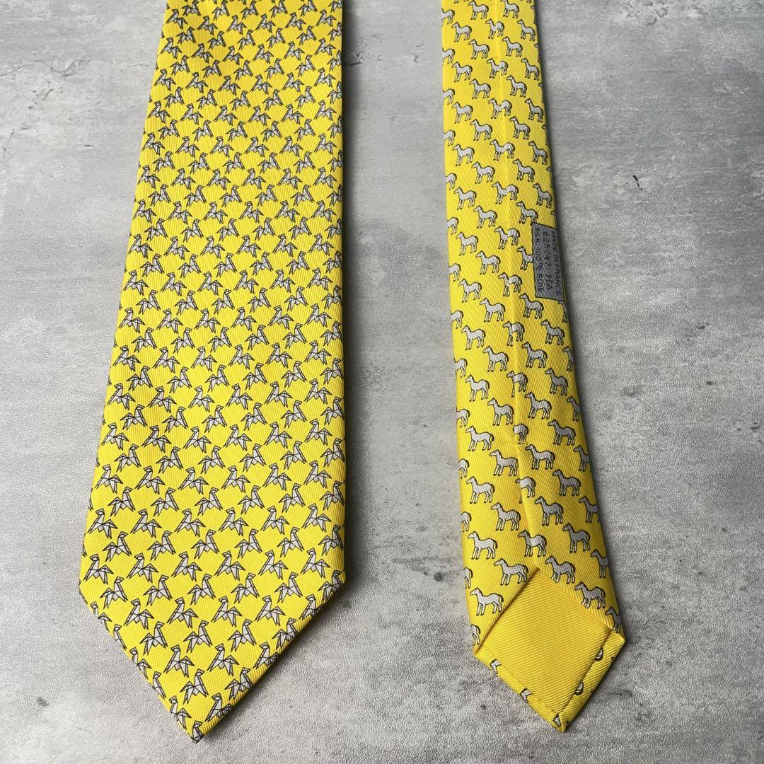 美品 HERMES エルメス 折り紙 馬 アニマル柄 ネクタイ イエロー 黄 美品 HERMES エルメス 折り紙 馬 アニマル柄 ネクタイ イエロー