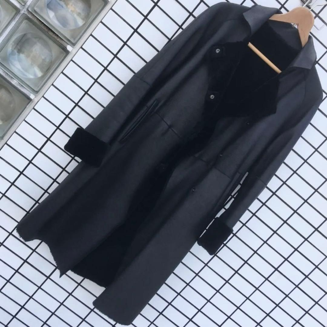 ESTNATION■高級羊皮リアルムートンロングコート ダブルフェイス■黒 40