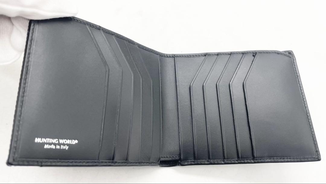 T1628 未使用☆ ハンティングワールド 折り財布 レザー ブラック