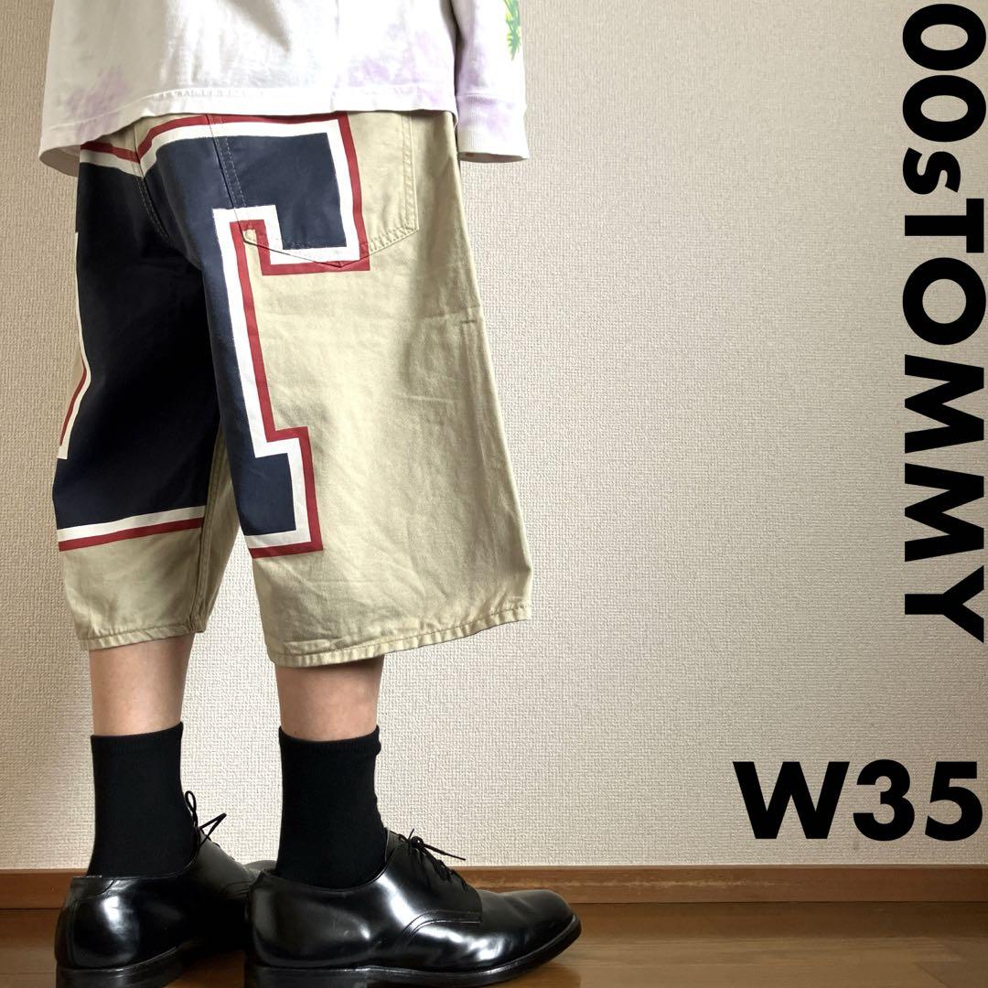 00s  Lサイズ ビッグロゴペイント バギーデニムショートパンツ