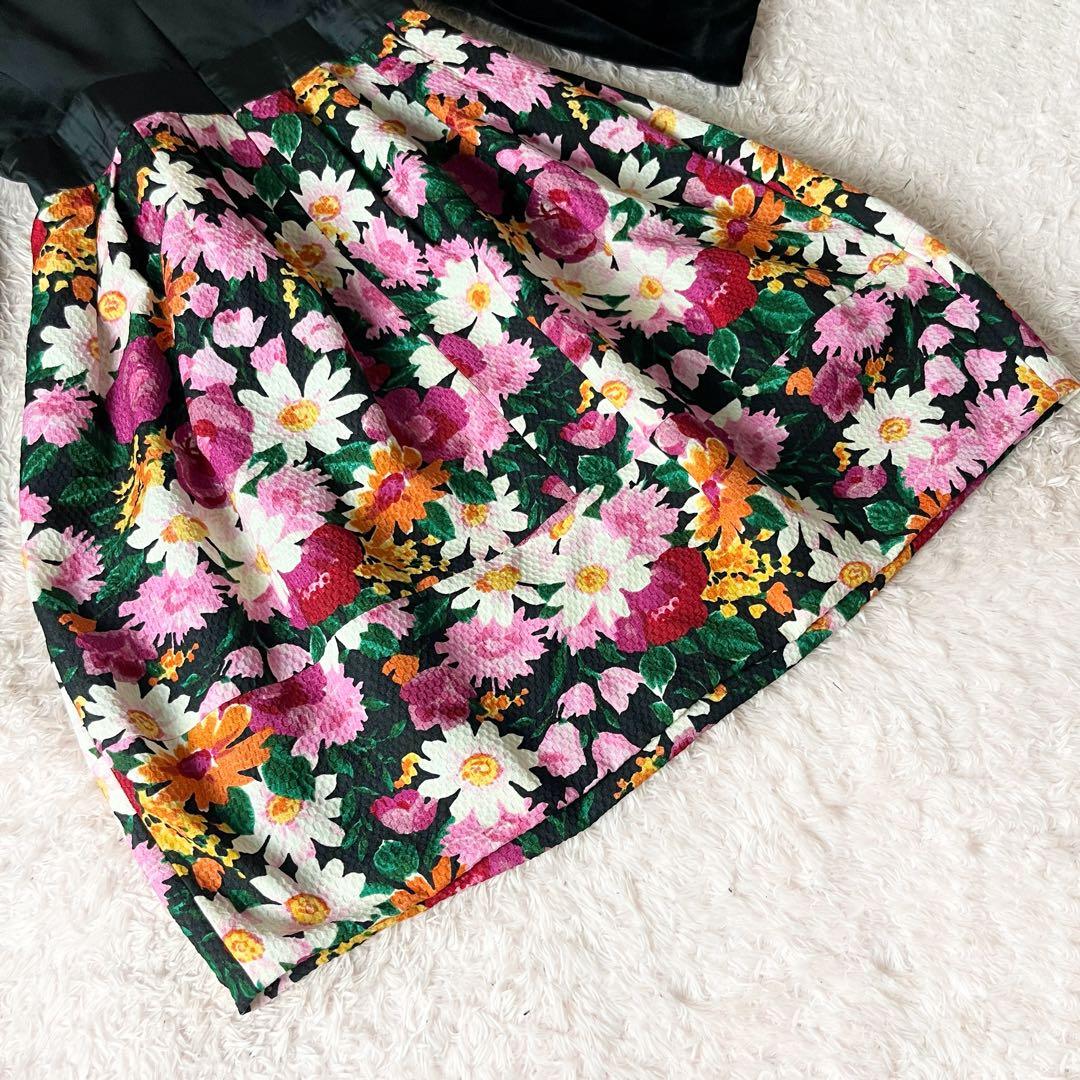 20 エムズグレイシー ワンピース Aライン 花柄 リボン 黒 ブラック M 20 エムズグレイシー ワンピース Aライン 花柄 リボン 黒 ブラック M