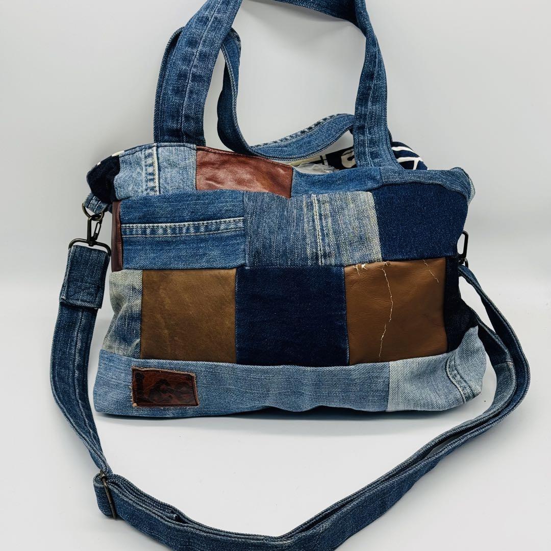 ハンドメイド デニムパッチワーク ボストンバッグ　トートバッグ　2way