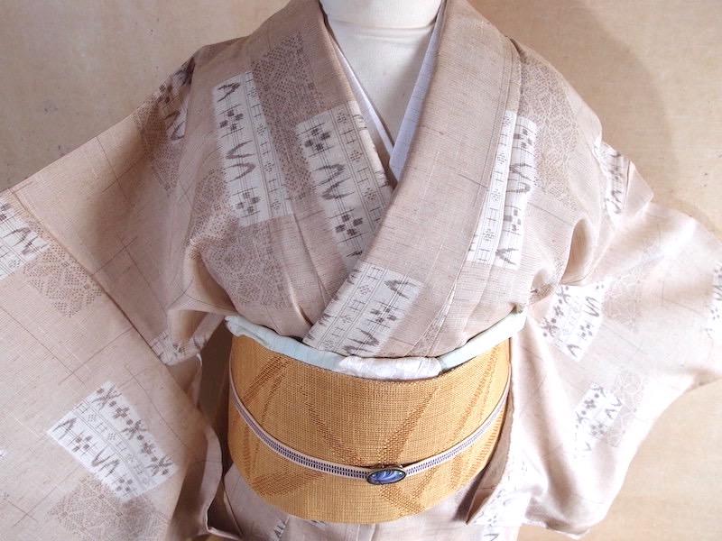 夏物 透かし織り八寸名古屋帯（夏笹文）長381 全通 総柄 美品