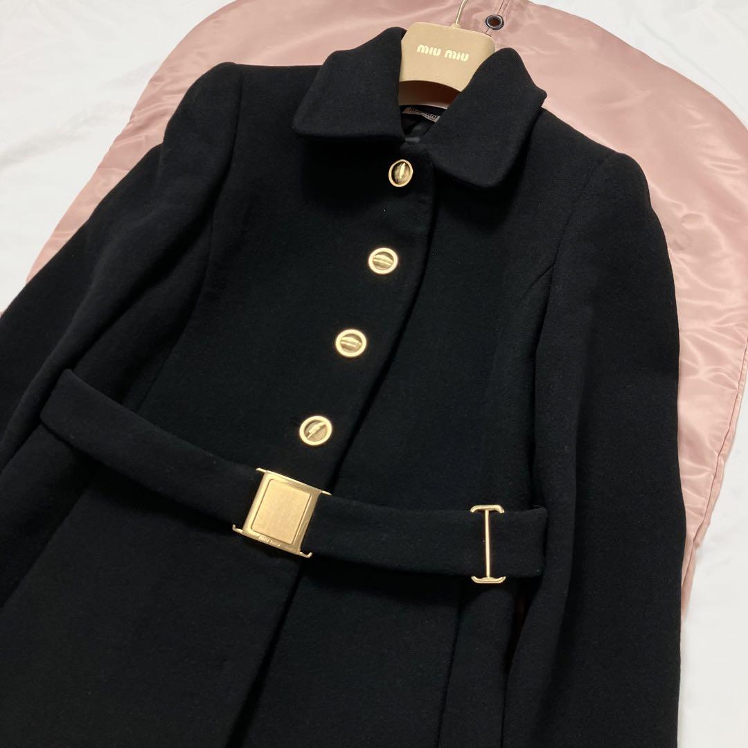 春夏新作モデル 極美品】miumiu ロングコート 金ボタン ベルト 箱 ガーメント ジャケット・アウター