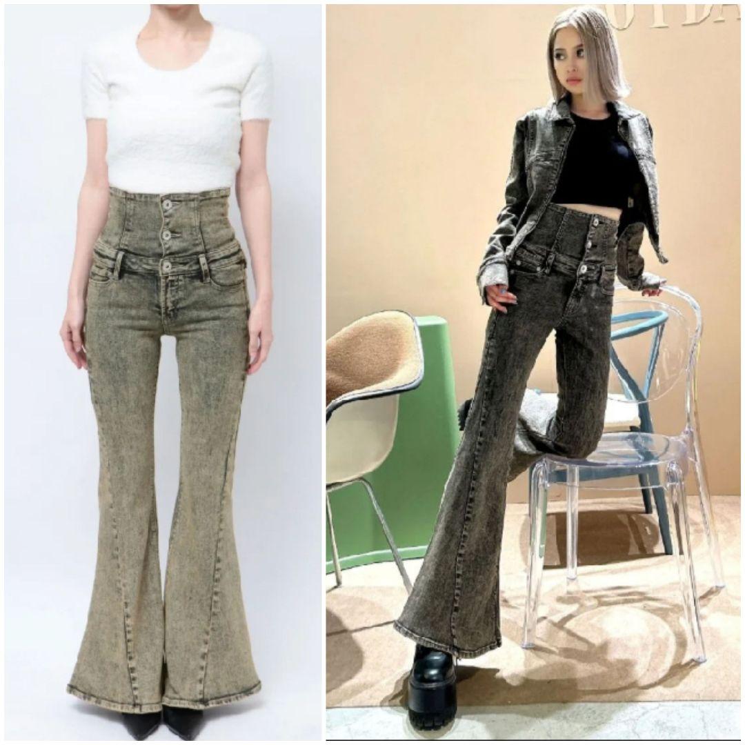 GYDA　ジェイダ　ハイウエスト　ストレッチ　ケイカルウォッシュフレアデニム　M
