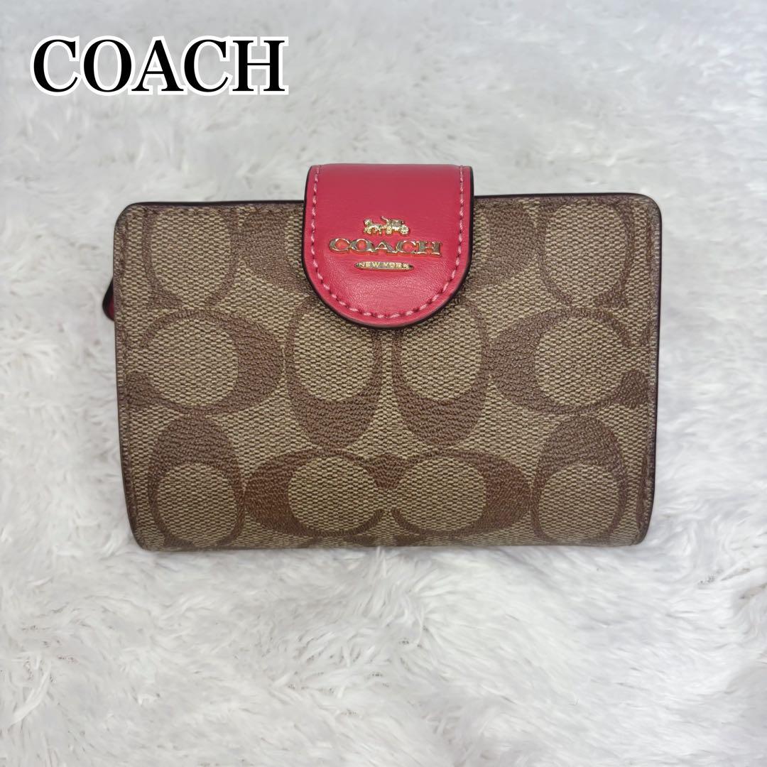 COACH 2つ折り財布 ブラウン　ピンク COACH コーチ 財布 二つ折り コンパクトウォレット レザー