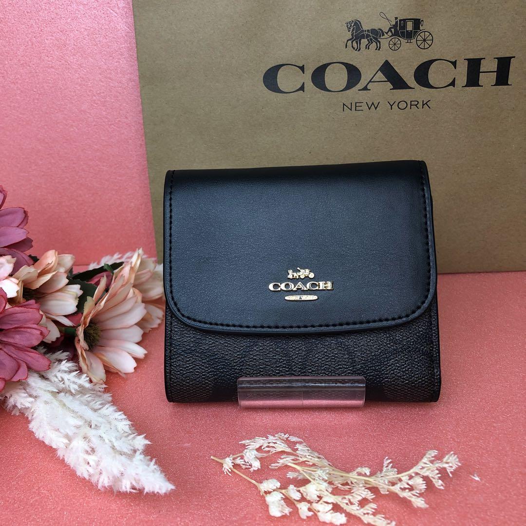 ☆COACH 折財布  ブラックフラップロゴ ダークブラウンシグネチャー 小銭入
