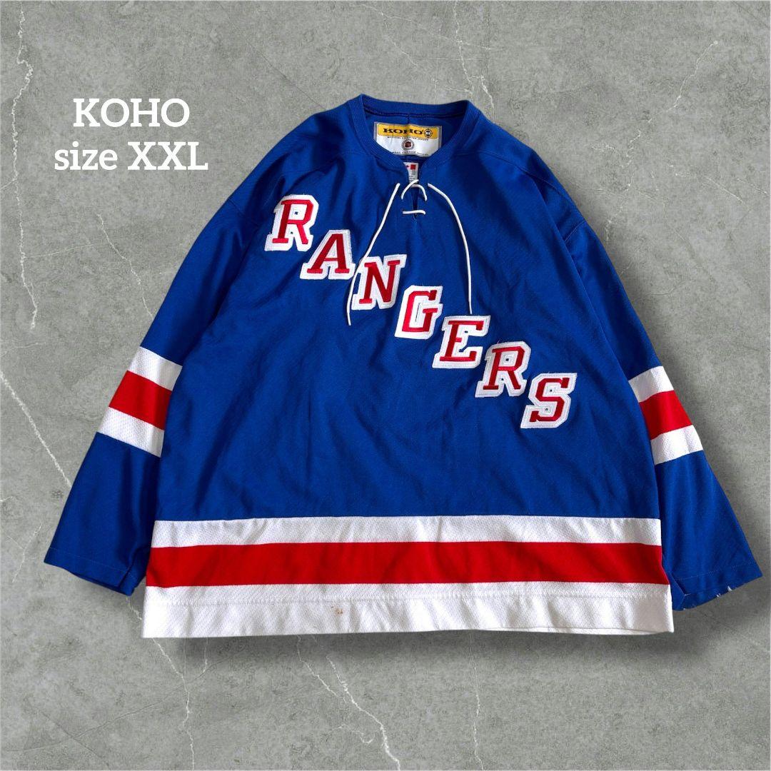 KOHO 長袖シャツ ブルー RANGERSロゴ カナダ ストライプ B106