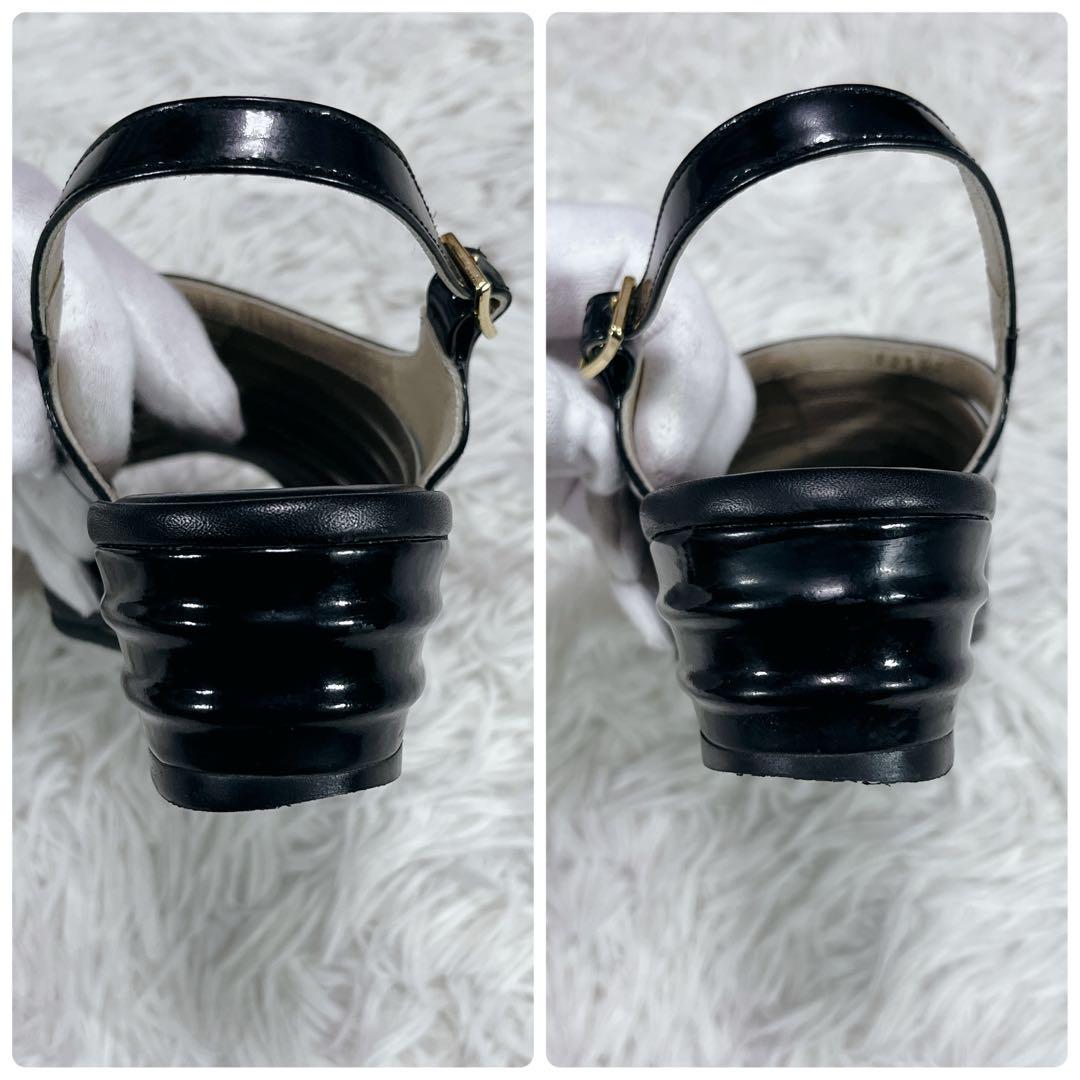 グランドホールセール 美品】銀座ヨシノヤ 黒 エナメル バックストラップ サンダル 靴