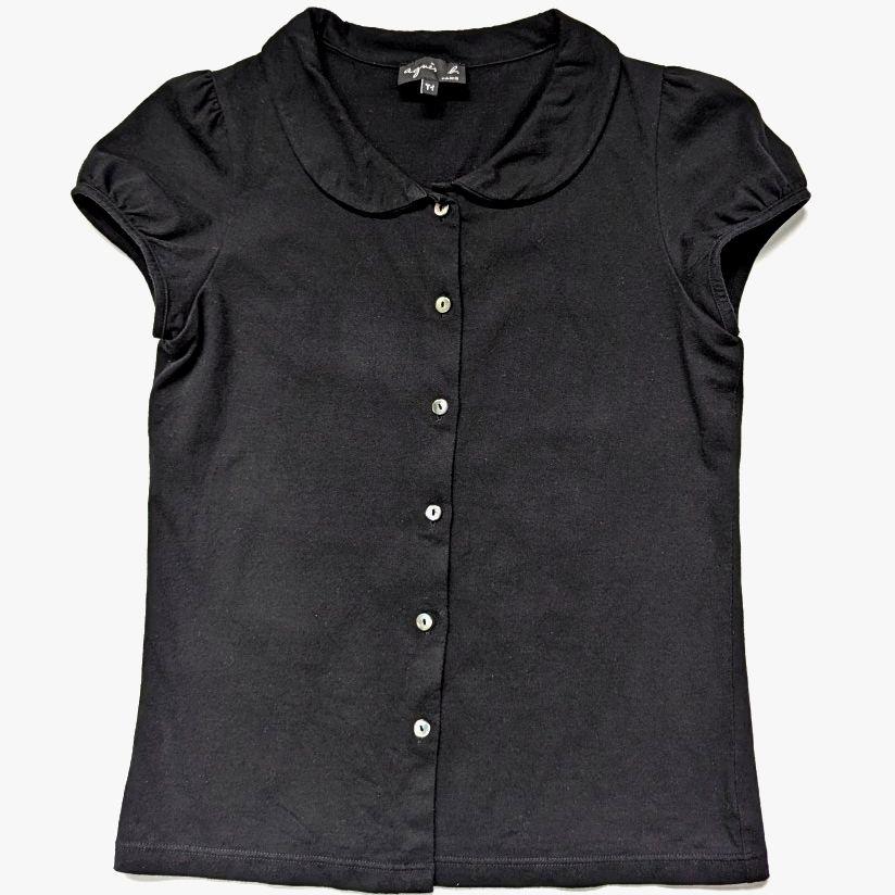 【美品】agnès b. 半袖シャツ コットン 丸襟 パフスリーブ カットソー