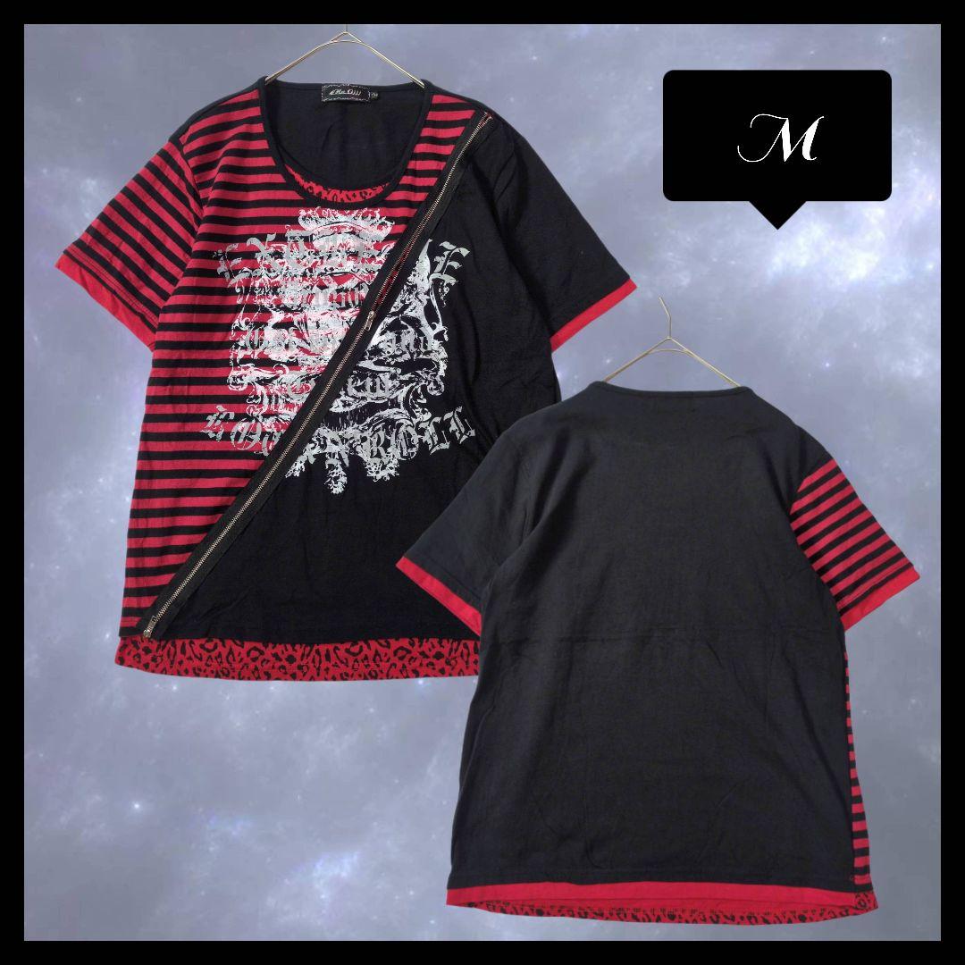 Y2K パンクロック V系 サブカル 重ね着風Tシャツ BLACK×RED M