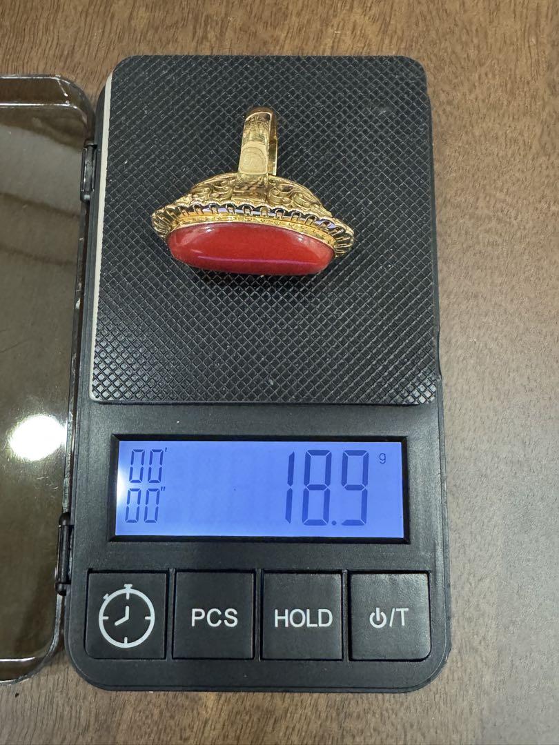 K18 天然珊瑚(赤珊瑚28×15mm)リング　鑑別書付き 18.9g