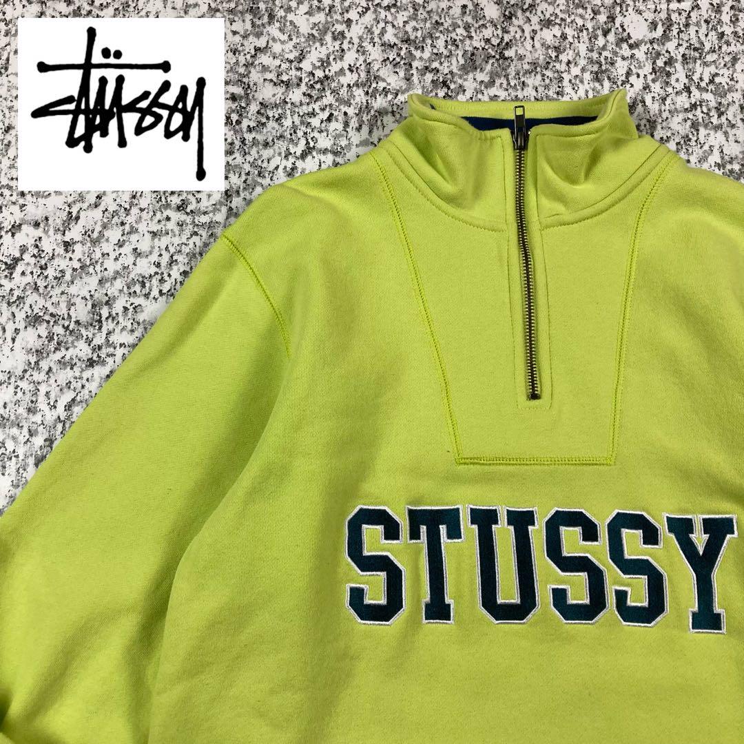stussy ハーフジップスウェット　カーキ　ストックロゴ　刺繍ロゴ 古着通販】90's old stussy ステューシー 刺繍ワンポイント
