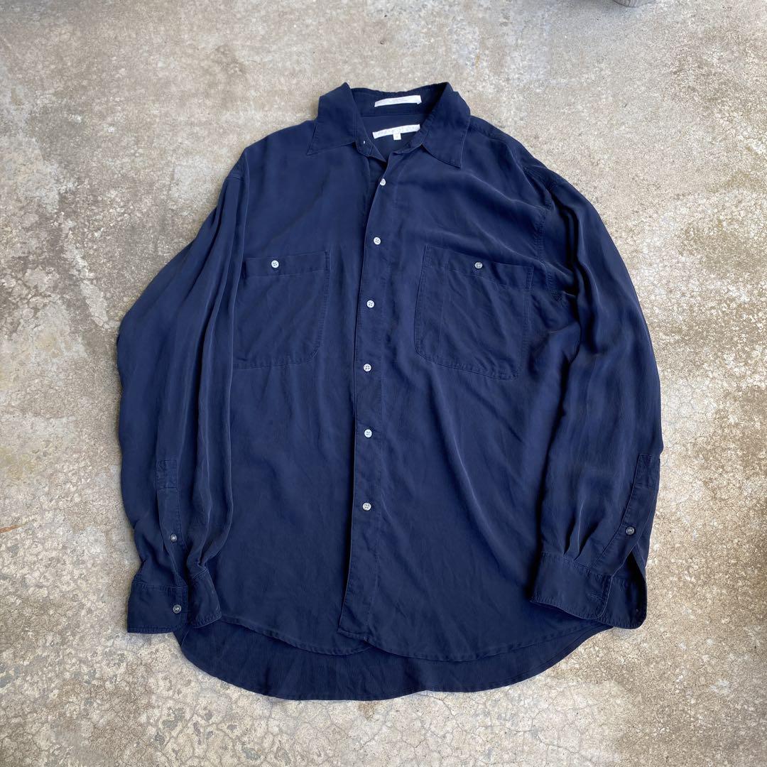 90s PERRY ELLISシルクシャツ　ネイビー　silk vintage