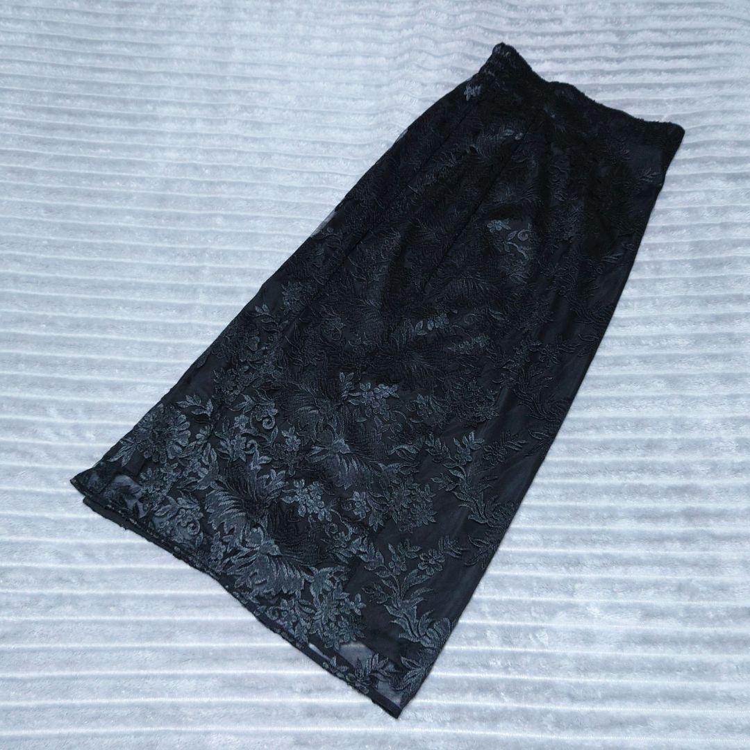 美品 anuans/アニュアンス エンブロイダリーレースタイトスカート 黒 Ｓ