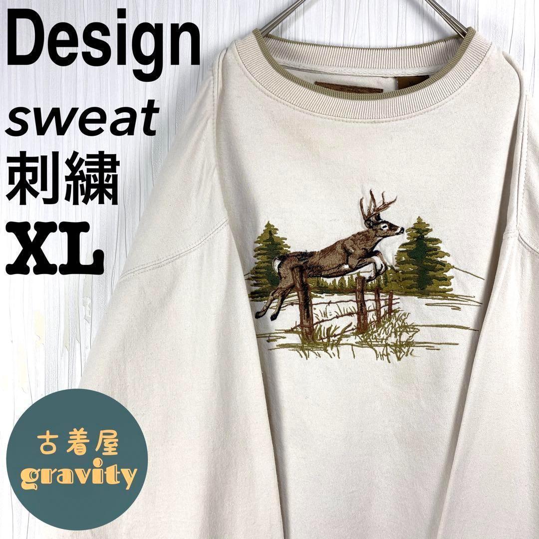 人気 US古着 スウェット アニマル刺繍 鹿 リブラインXL LL