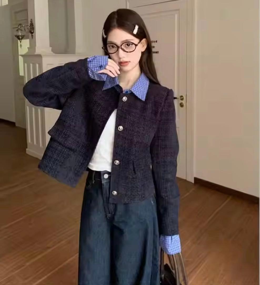 ネイビー レイヤード ツイードジャケット 韓国レディースS GULLKHAN_COM