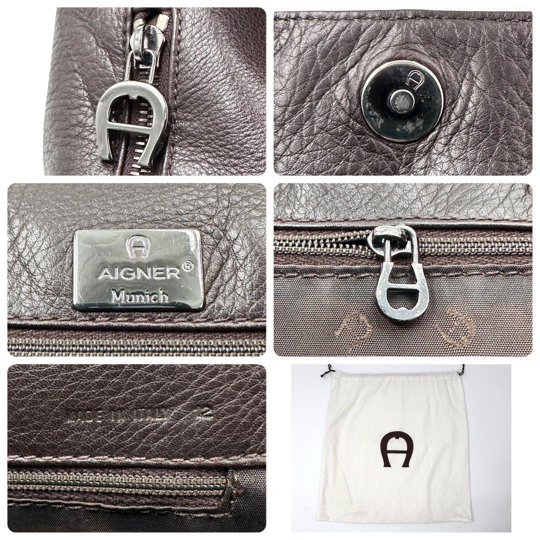AIGNER ワンショルダーバッグ イタリア製 ロゴ金具 シボ革 ダークブラウン AIGNER ワンショルダーバッグ イタリア製 ロゴ金具 シボ革 ダークブラウン