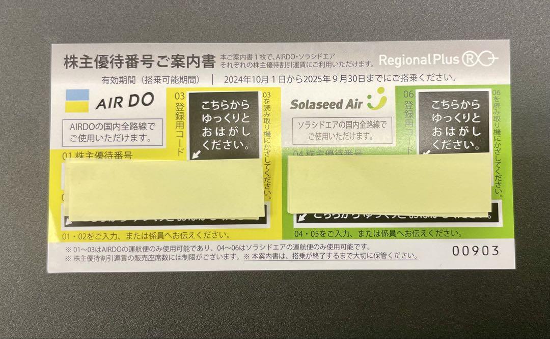 AIRDO　Solaseed Air株主優待券 有効期限2025年9月30日