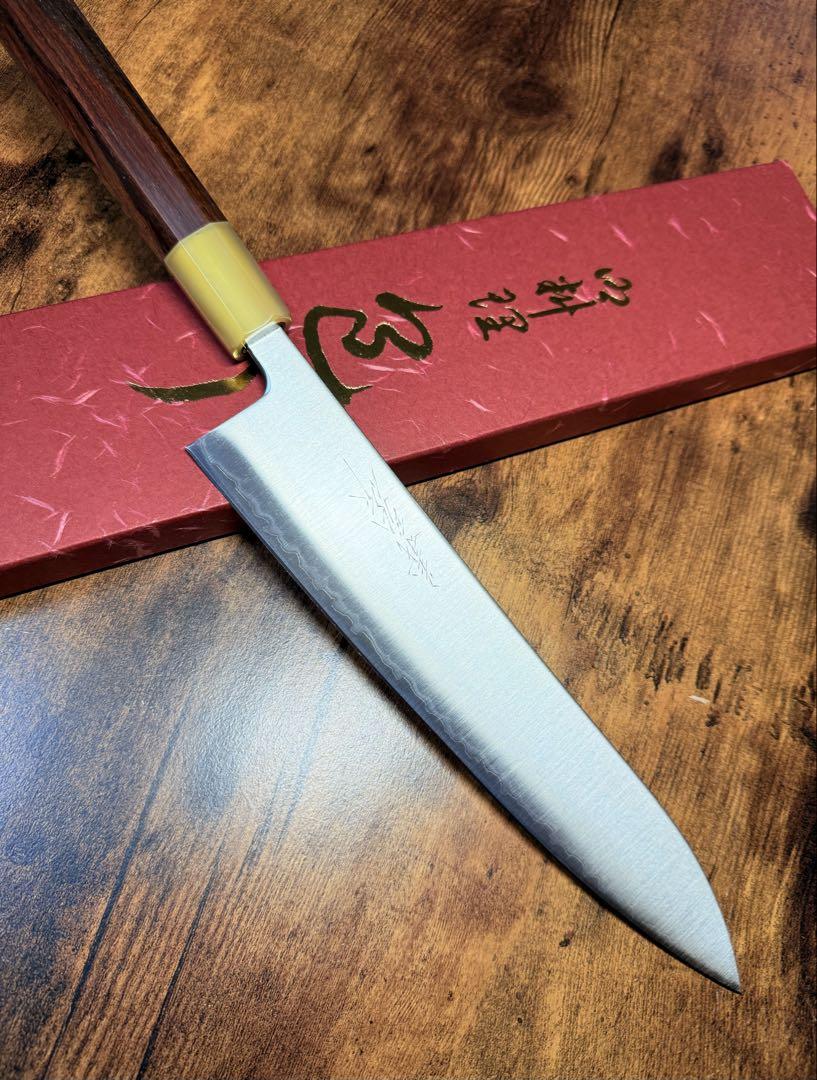 義弘作　和牛刀　包丁　8寸　青紙スーパー鋼　山脇刃物製作所　紫檀白水牛八角柄
