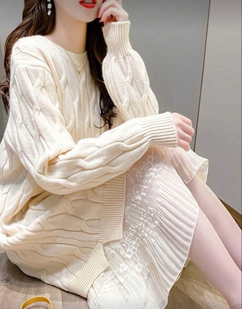 SHEIN ホワイト ケーブルニット ロングワンピース - メルカリ