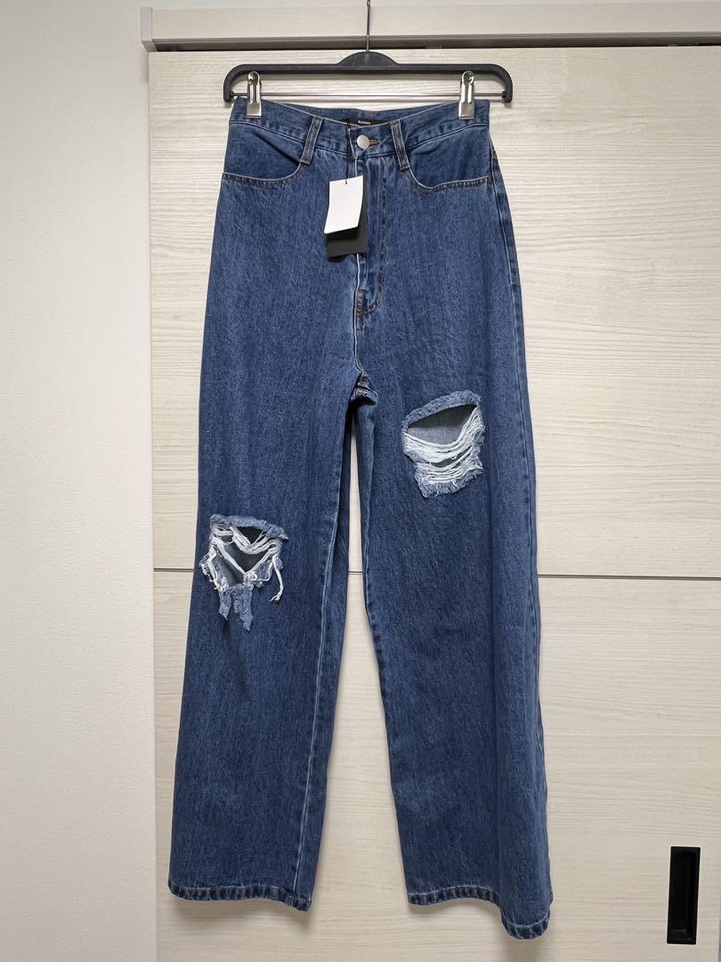 Kastane ダメージ加工 ワイドレッグデニムパンツ