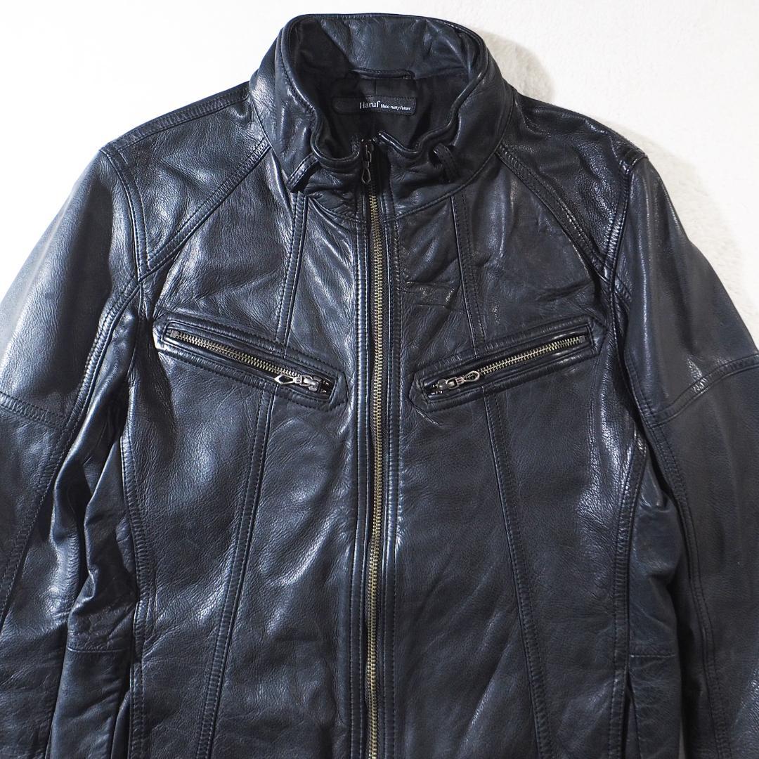 ハルフ Haruf ライダースジャケット 羊革 ラムレザー ダークネイビー L