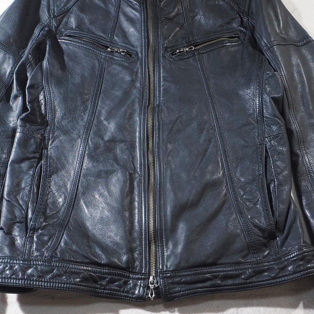 ハルフ Haruf ライダースジャケット 羊革 ラムレザー ダークネイビー L