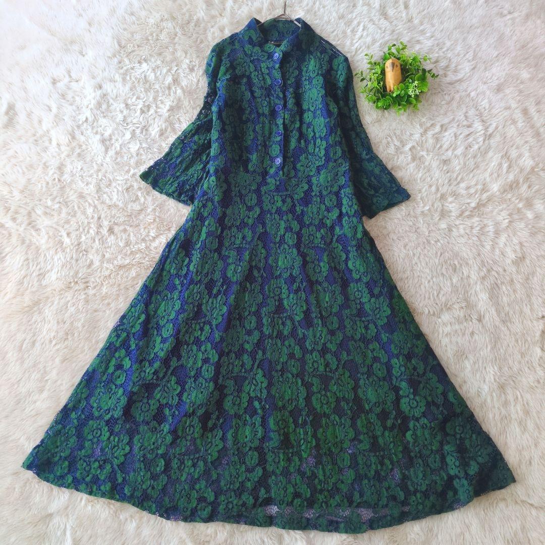Libby＆Rose 花柄 レース刺繍長袖フレアワンピース　グリーン　袖シアー