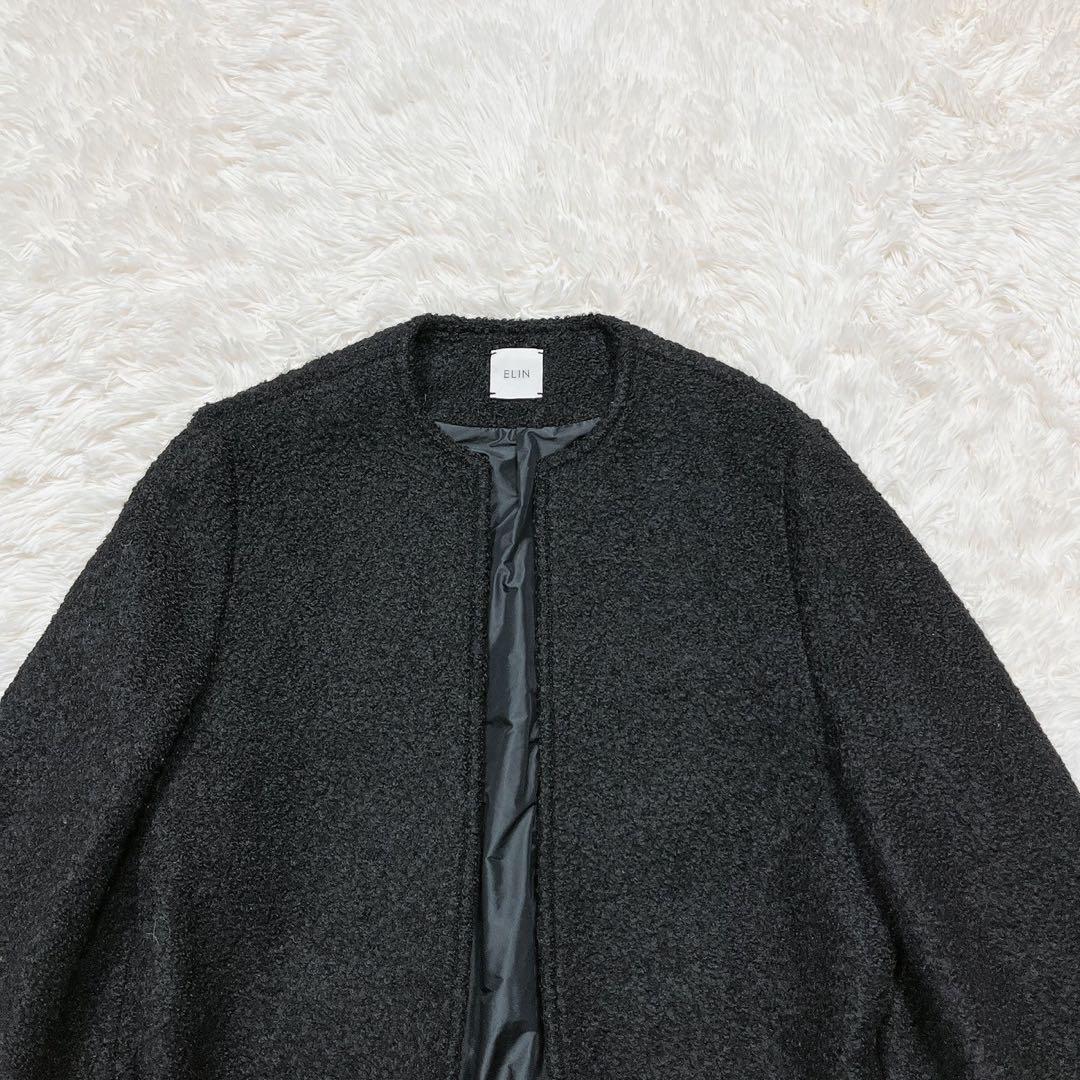 美品✨ELIN ウールロングコート　ノーカラー ベルスリーブ　ブラック