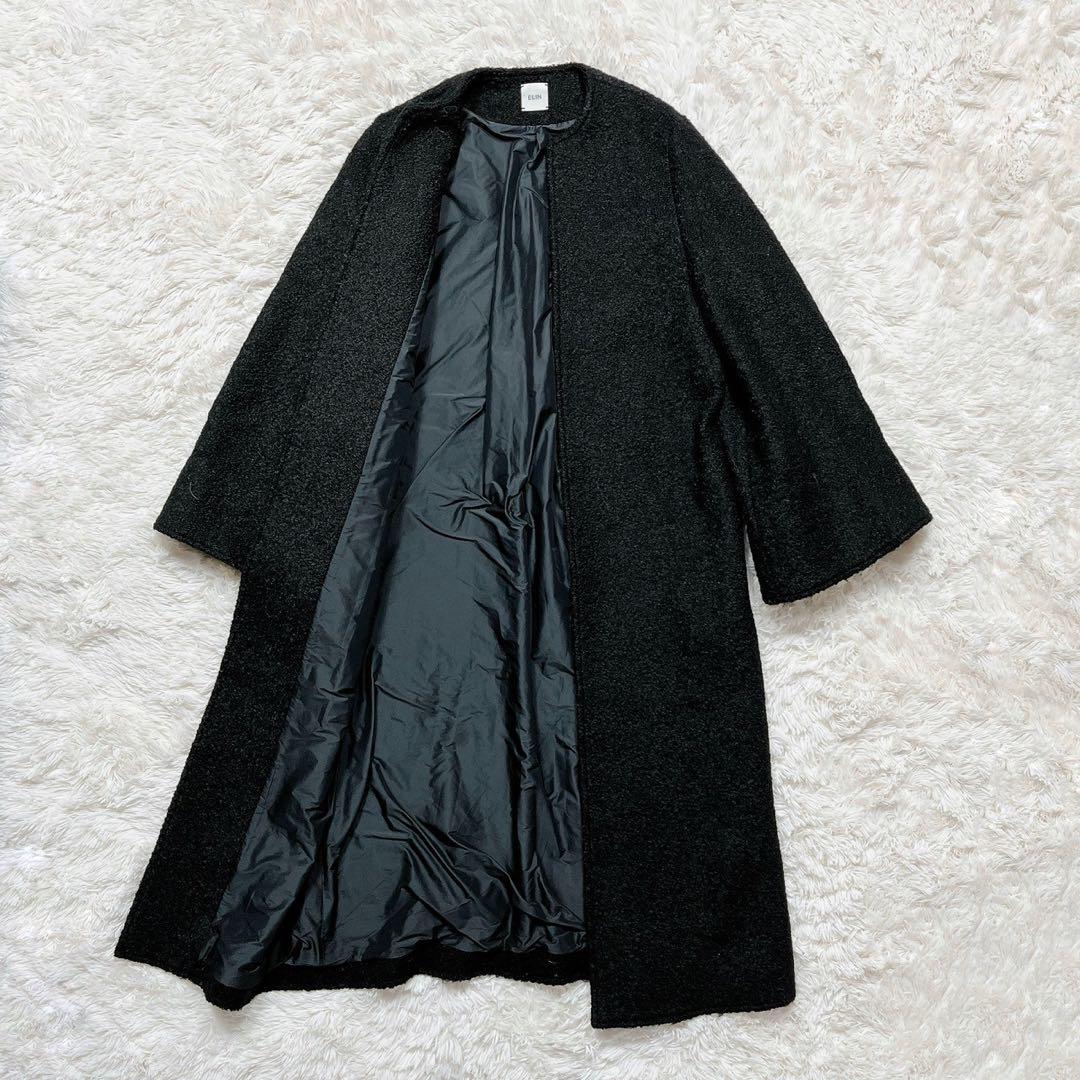 美品✨ELIN ウールロングコート　ノーカラー ベルスリーブ　ブラック