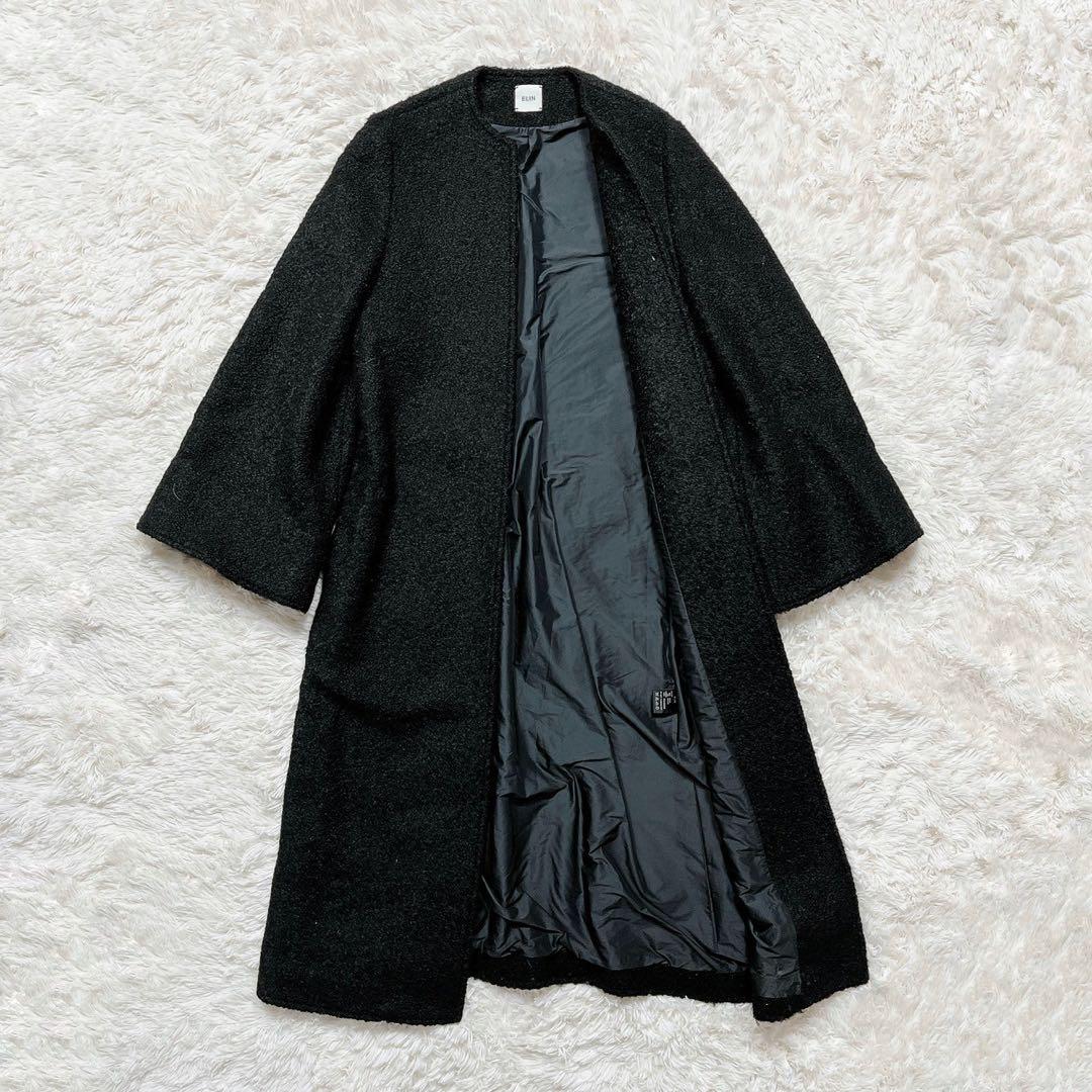 美品✨ELIN ウールロングコート　ノーカラー ベルスリーブ　ブラック