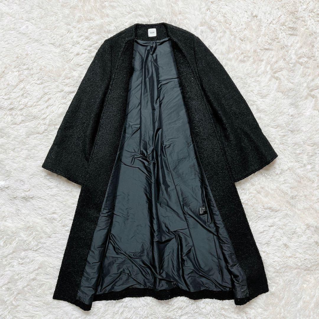 美品✨ELIN ウールロングコート　ノーカラー ベルスリーブ　ブラック