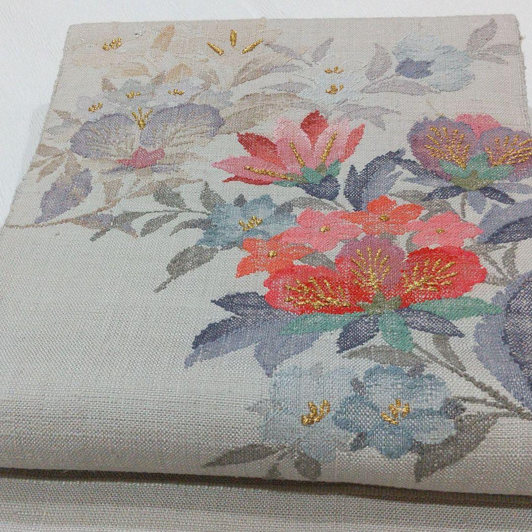 紬帯 八寸名古屋帯 SQ1XJ-m40252426525 グレージュに華やかな花柄 得価低価