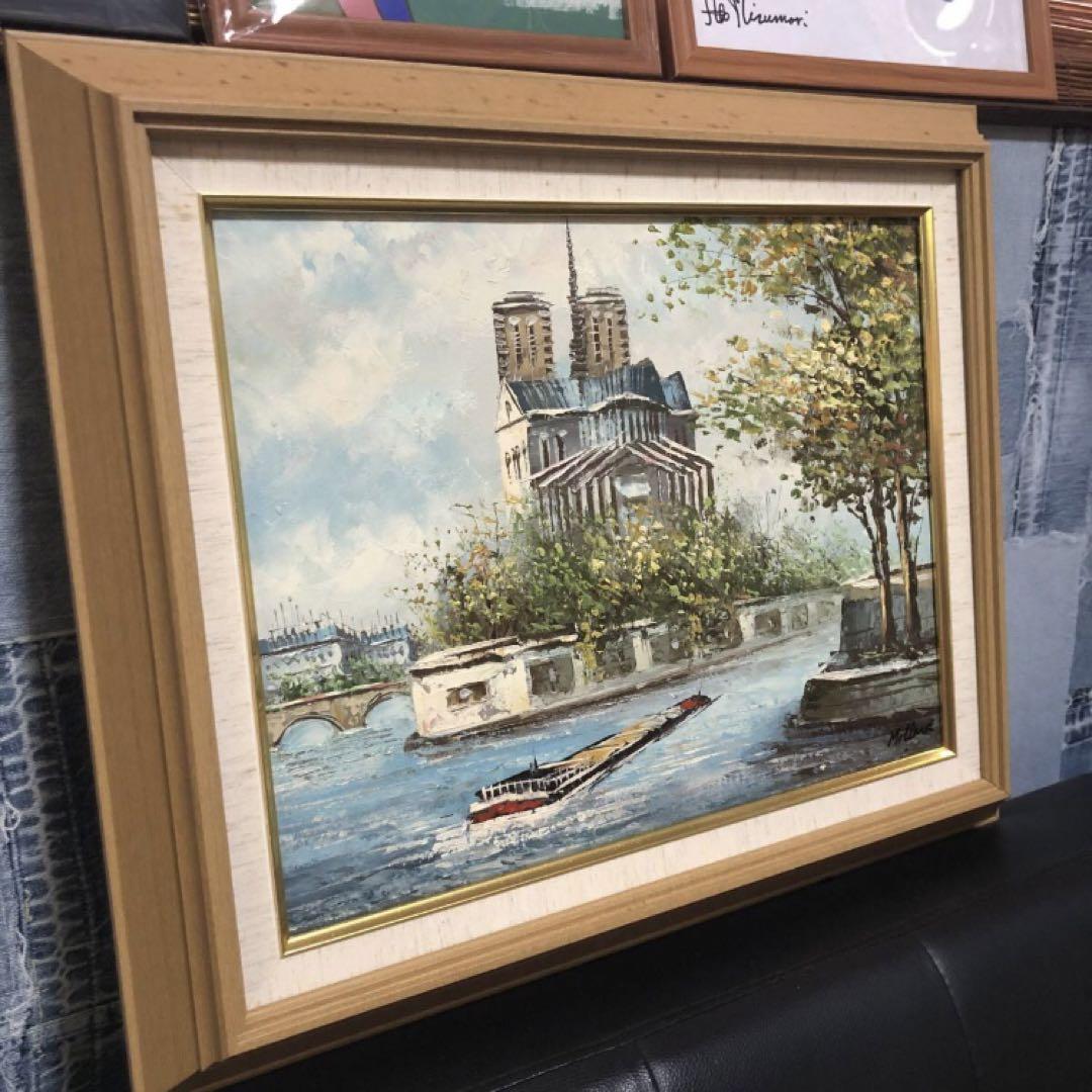 真作　油絵　MILLARD作　セーヌ川フランス街並み　ノートルダム大聖堂　額装品