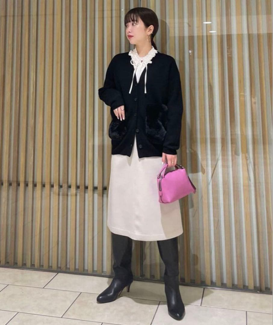 ロマンチック BALLSEY ウールポリエステルミラノリブ ファーポケットカーディガン 黒S Ballsey