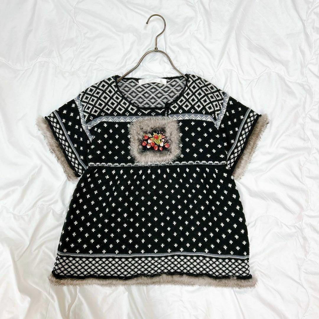 ピンクハウス いちご刺繍 ラビットファー付き 半袖ニットFREE SIZE・PINK HOUSE