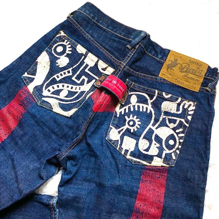 メール便可/取り寄せ EVISU Paris エヴィス デニム 赤 大黒 ピカソ