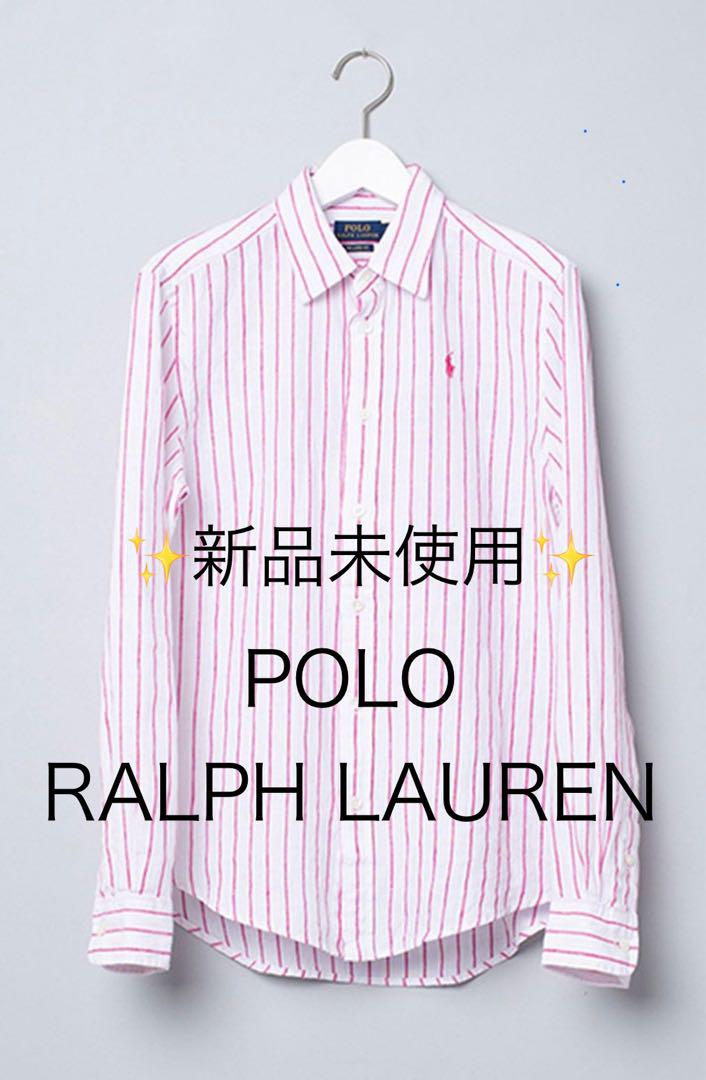 POLO RALPH LAUREN リネン 長袖シャツ ストライプ 麻 白ピンク