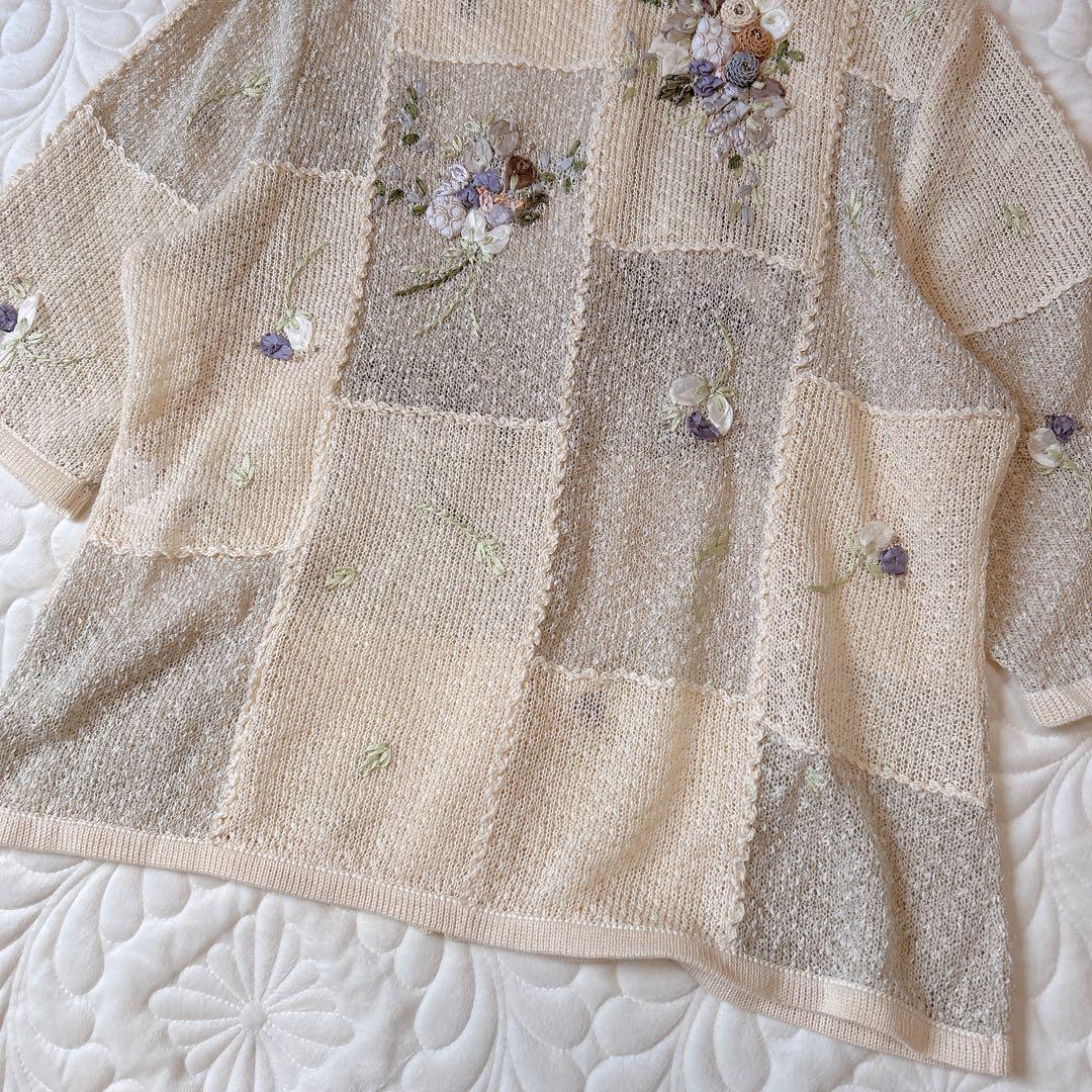 アトリエサガン 立体お花モチーフ リネン 夏 カーディガン ベージュ系 XL